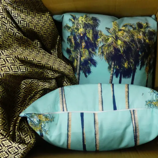 BOX LOT CUSHIONS TABLE THROWS ETC