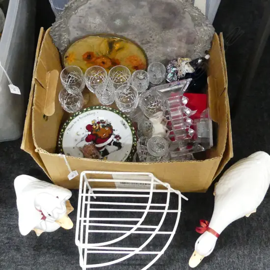 BOX LOT OF CRYSTAL CHRISTMAS PLATES/ CHINA DUCKS ETC.