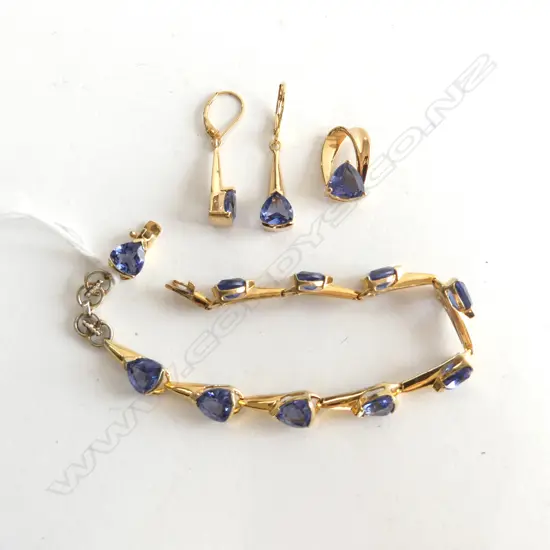 3 PC SET; SILVER GILT & SYNTHETIC BLUE STONE BRACELET, EARRINGS & PENDANT