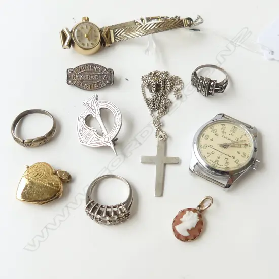 ASST.JEWELLERY SILVER + SILVER GILT + WATCHES + RINGS ETC