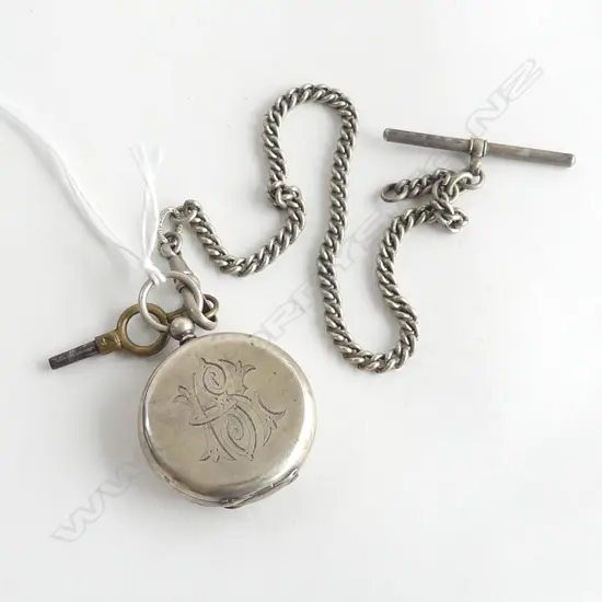 S/SILVER OPEN FACED POCKET WATCH  KEY & CHAIN