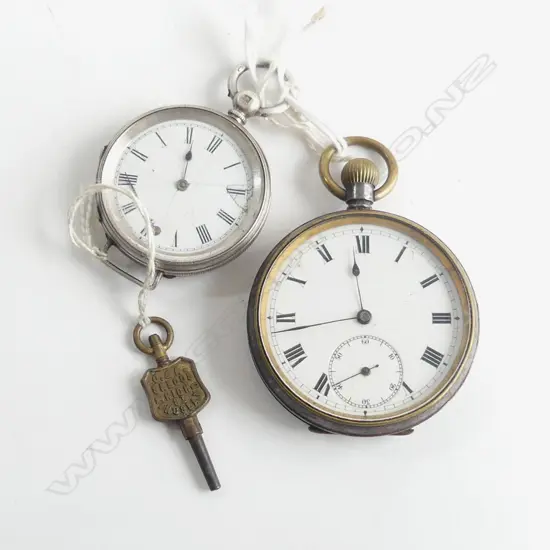 S/SILVER OPEN FACED POCKET WATCH& KEY WITH A STEEL CASED POCKET WATCH FAULTS