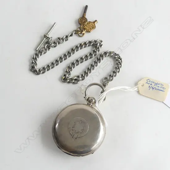 S/SILVER OPEN FACE POCKET WATCH & KEYS ON CHAIN