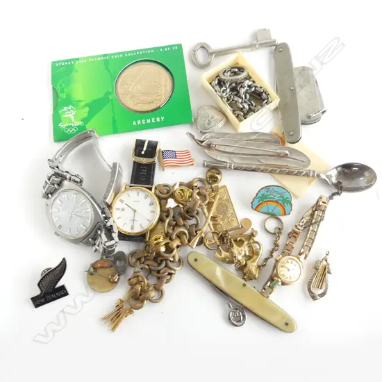 SMALL BOX WRISTWATCHES BADGES ETC