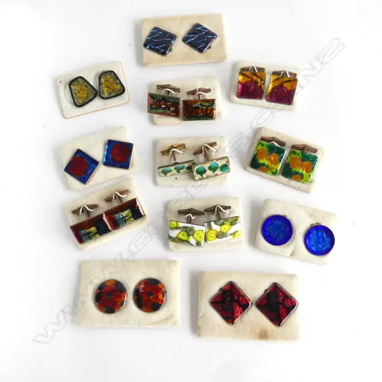 12 PRS VINTAGE EUROPEAN ENAMEL CUFFLINKS & CLIP ON EARRINGS