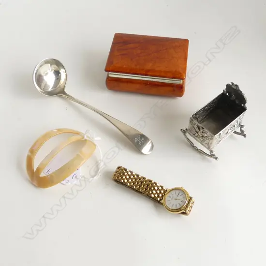 5 PCES; 925 SILVER CRADLE & LADLE 86gms, ALABASTER BOX (AF), GP SEIKO WATCH, MoP BUCKLE