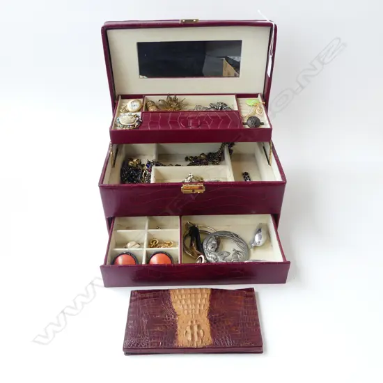 RED FAUX CROC JEWELLERY BOX & CONTENTS W.305mm + CROC WALLET