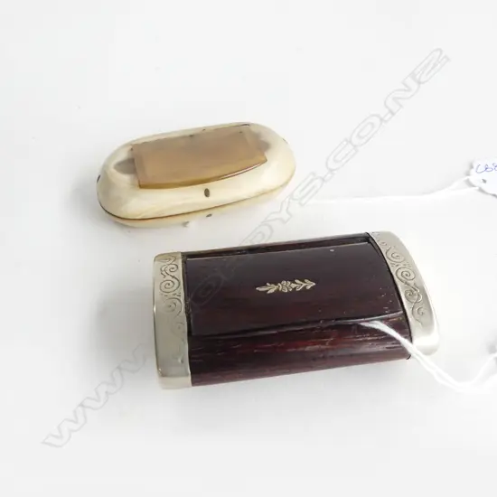 PR SNUFF BOXES; 19thC FRENCH ROSEWOOD w SILVER PLATE ENDS & HORN