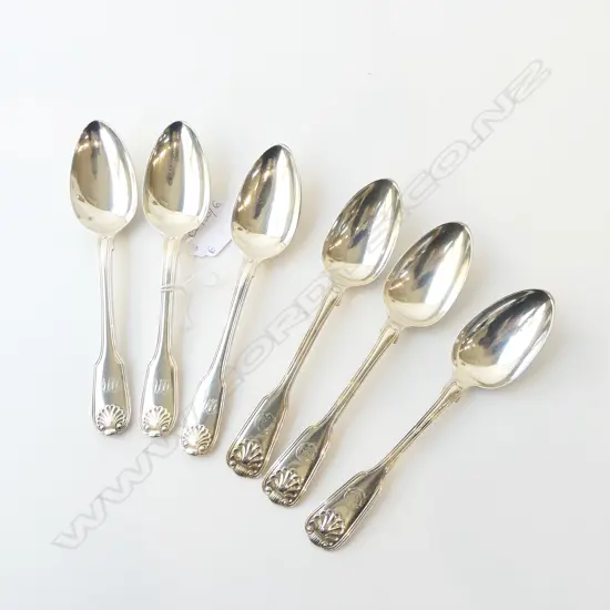 6 STG SILVER FIDDLE, THREAD & SHELL DESSERT SPOONS (LONDON, 3x 1843, 3x 1807) 363grms