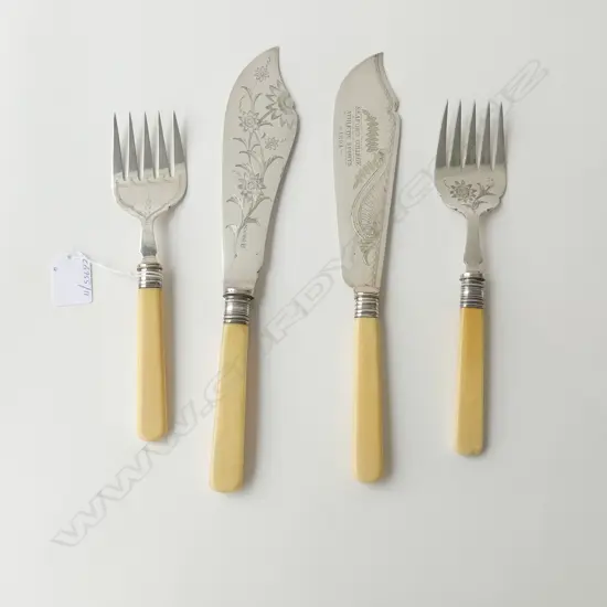 TWO PAIRS OF VICTORIAN IVORY HANDLED & SILVER-PLATED FISH SERVERS, L.310mm (LONGEST)