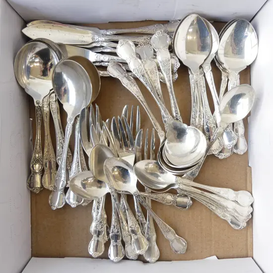 RODD CAMILLE 8 OF EACH: CAKE FORKS, TEASPOONS, SWEET SPOONS, BUTTER KNIVES, CONDIMENT SPOONS, & 4 SMALL LADLES