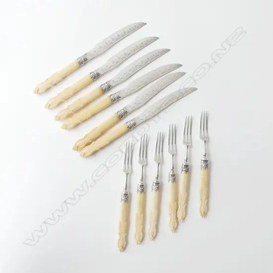 VICTORIAN SOLID STG SILVER & IVORY CUTLERY SET SHEFFIELD 1854, 6 KNIVES & 6 FORKS ALL BLADES/TYNES HALLMARKED, L.215MM,