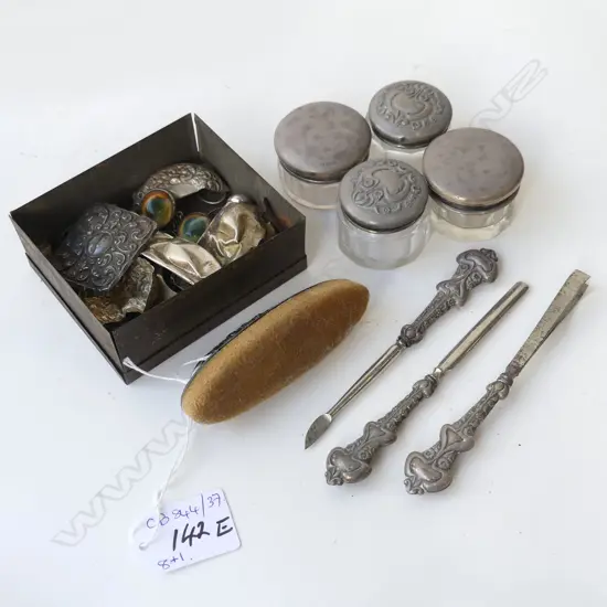 8 PCES STG SILVER; 4 CONTAINERS, NAIL BUFF, 3 TOOLS + SCRAP SILVER