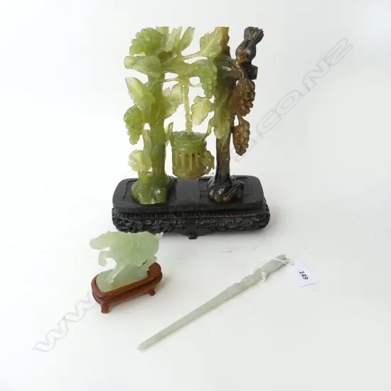3 ORIENTAL PCES; JADE CARVING ON STAND H.230mm, HORSE, STICK L.190mm