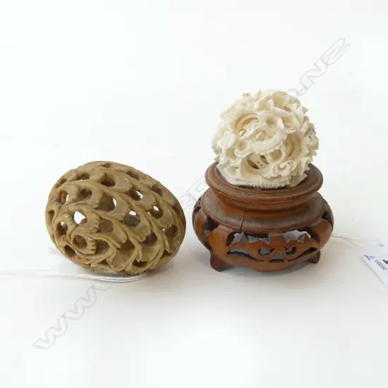 IVORY PUZZLE BALL ON STAND & CARVED BIRD INSIDE CAGE