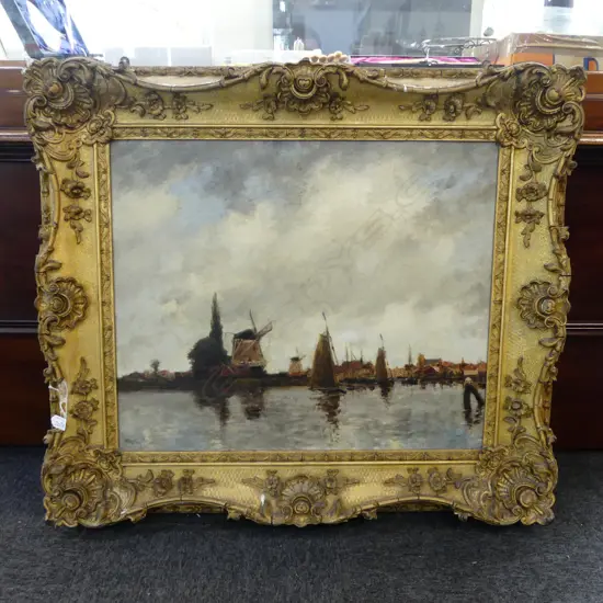 LG SIGNED OIL, EUROPEAN HARBOUR w. WINDMILL & SAIL BOATS, OIL ON BOARD, 620x750mm