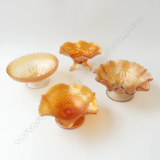 FOUR CARNIVAL GLASS COMPORTS BOWLS – DUGAN, ROSES, VINES ETC, DIA.165MM-200MM