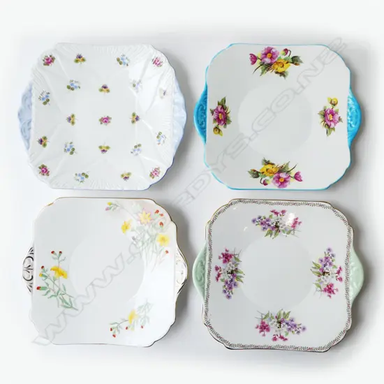 FOUR SHELLEY CHINA CAKE PLATES - BLOSSOM, BEGONIA, WILDFLOWERS ETC, L.245MM