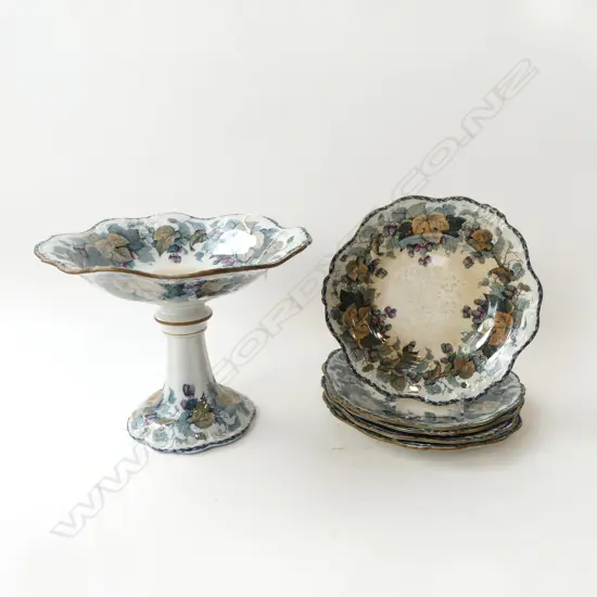 5 DAVENPORT PLATES 'HOP' PATTERN, 1804 & MATCHING FRUIT COMPORT H.230mm (all discoloured)