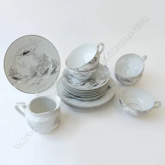 PART 17PC KUTANI TEASET, HANDPAINTED SILVER DESIGN ON EGGSHELL PORCELAIN w LITHOPHANE IMAGE OF GEISHA'S FACE IN CUPS