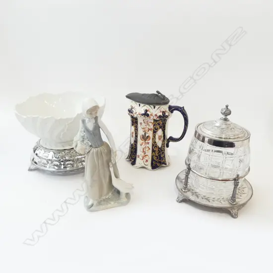 4 PCES; WHITE BOWL (LEEDS?) 240mm dia ON STAND, NAO FIGURE, IMARI JUG, EP & CRYSTAL JAR