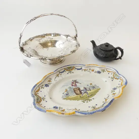 OLD SHEFFIELD PLATE CAKE BASKET 250mm dia, MAJOLICA PLATE, 19thC BLACK TEAPOT (chips) 