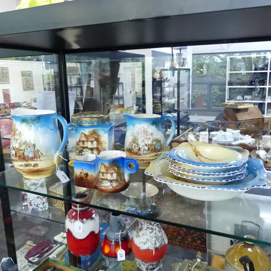 9 PCES FALCON WARE; 2 JUGS, 5 BOWLS, SHAVING MUG & VASE