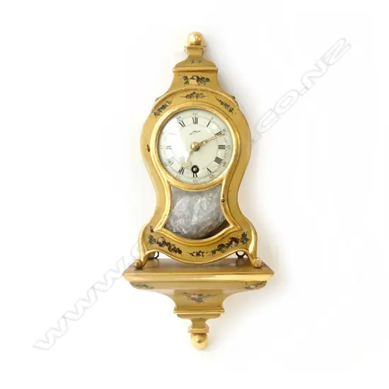 GERMAN GOLD PAINTED CLOCK H.265mm & MATCHING SHELF, RECENTLY SERVICED