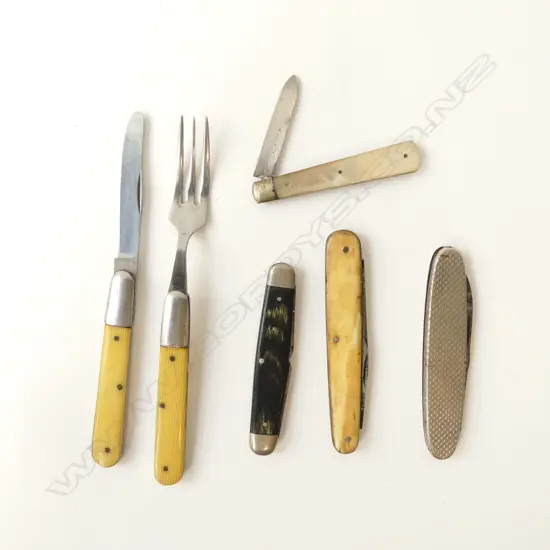 FIVE POCKET KNIVES & ONE FORK – SHEFFIELD 1888 STG MOP, IVORY C. BUTLER SHEFFIELD, ETC, L.85MM