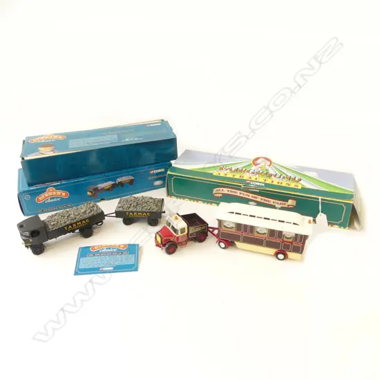 2 BOXED CORGI TOYS; DROPSIDE WAGON & TRAILER, FAIRGROUND ATTRACTIONS CARAVAN