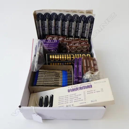 VINTAGE WATERMAN PEN SUPPLIES – INCL: 6 FOUNTAIN PEN NIBS, INK CARTRIDGES, FIBER NIB & BALLPOINT REFILLS ETC