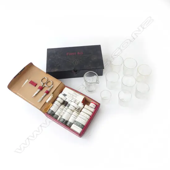 2 VINTAGE FIRST AID KITS + 9 GLASS MEASURES