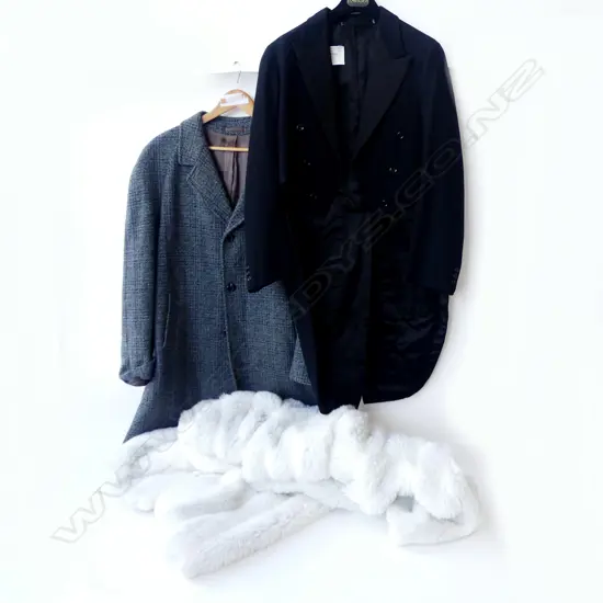 3 PCES VINTAGE FASHION, GREY COAT, TUX JACKET, WHITE FAUX FUR
