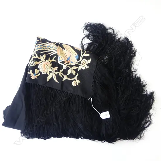 ORIENTAL EMBROIDERED BLACK SILK SHAWL