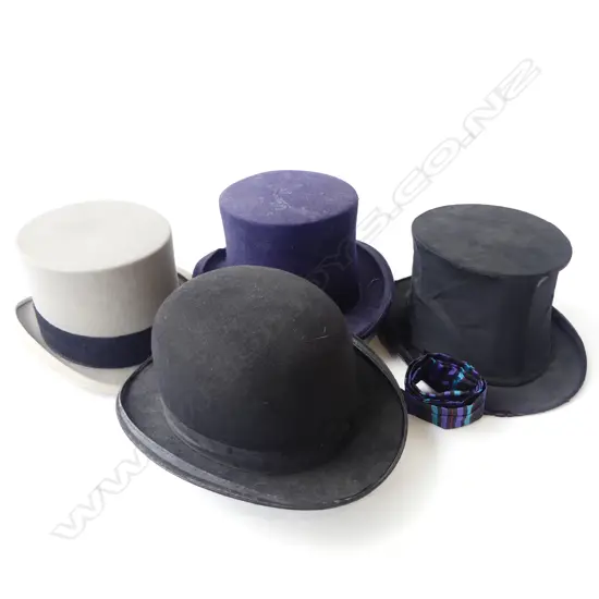 3 TOP HATS + BOWLER & TIE; BLACK COMPRESSING, BLUE VELVET, GREY EX. LAWRENCE GEORGE CARR RNZ NAVAL