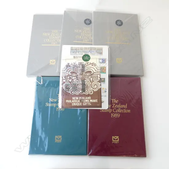 5 NZ STAMP COLLECTION FOLDERS; 3x 1987, 1989, 1990