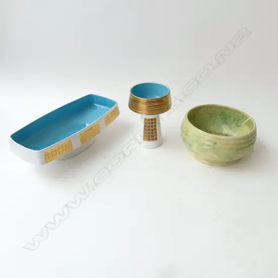 2 MID CENTURY OLD FOLEY VASES W.300mm + CROWN LYNN (AMBRICO?) GREEN GLAZED BOWL 185mm dia, hairline