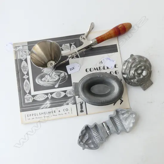 VINTAGE ICE CREAM SCOOP L170mm BOOK METAL MOULDS FOR ICE CREAM, 3 PEWTER ICE CREAM MOULDS BASKET, CAMELIA & WILTON L90mm