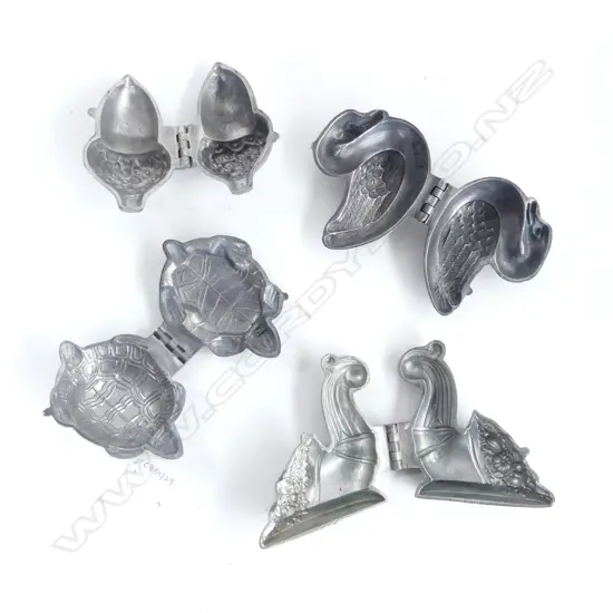 4 VINTAGE PEWTER ICE CREAM MOULDS CORNICOPIA  ACORN  SWAN  &TURTLE L110MM