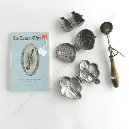 VINTAGE ICE CREAM SCOOP L270mm, BOOK: ICE CREAM DIPPERS, 3 PEWTER ICE CREAM MOULDS; PANSY, OYSTER & BEEHIVE H70mm