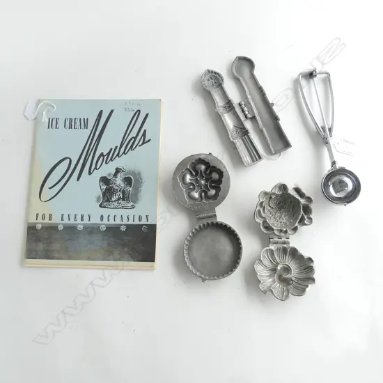 VINTAGE ICE CREAM SCOOP L230mm, BOOK ICE CREAM MOULDS, 3 PEWTER ICE CREAM MOULDS; CHRYSANTHEMUM, ORNATE & SCABBARD