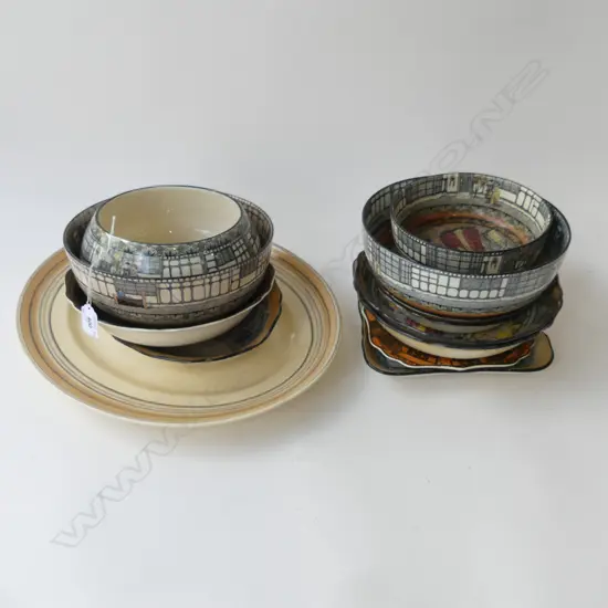 12 PCES ROYAL DOULTON 'OLD MORETON' FAULTS + CLARICE CLIFF ASHET