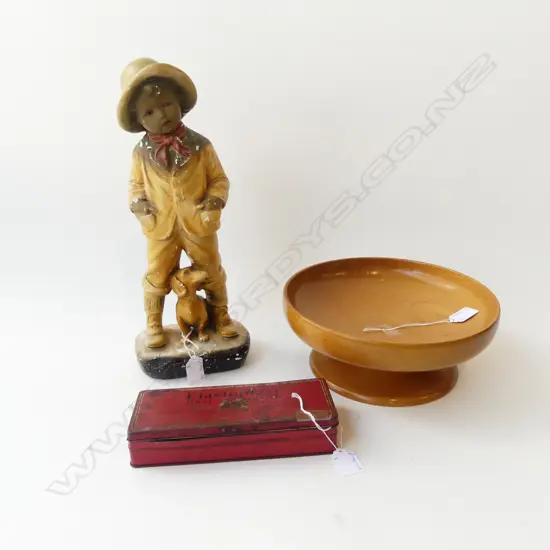 NZ KAURI PEDESTAL FRUITBOWL DIA 260mm, VINTAGE PLASTER STATUE BOY & DOG (damaged) H.380mm & TIN OLD COINS mainly NZ & UK