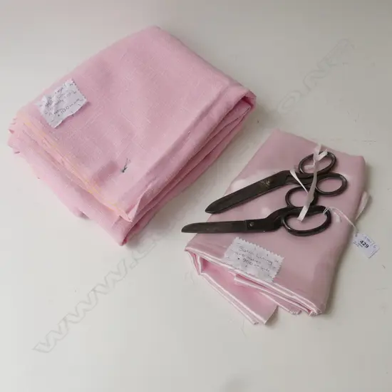 PINK IRISH? LINEN, 3x1.15M, SATIN LINING 3.6x.9M, 2 VINTAGE SCISSORS