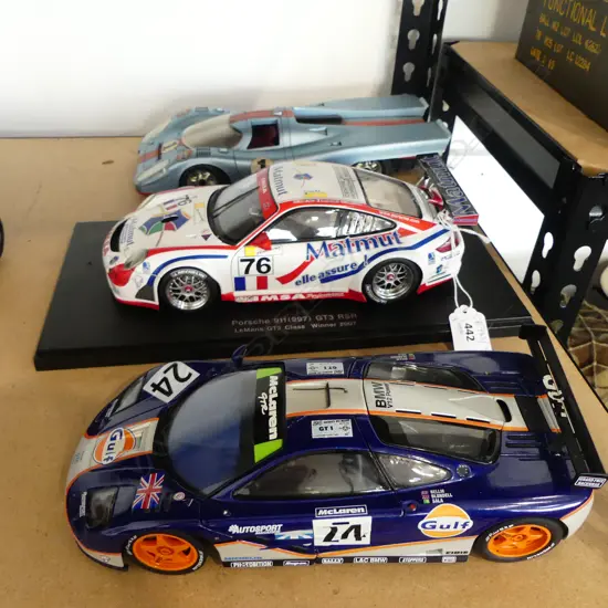 3 MODEL CARS; 1:18 McLAREN F1 GTR GULF, 1:18 AUTOart PORSCHE 911(997) GT3 RSR, VINTAGE SCHUCO PORSCHE 917 AF NO REMOTE