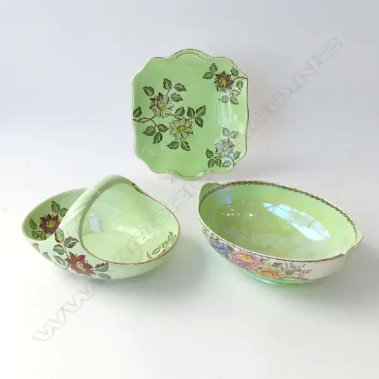 3 PCES GREEN MALING; OVAL BASKET & BOWL W.255mm, SQUARE PLATE