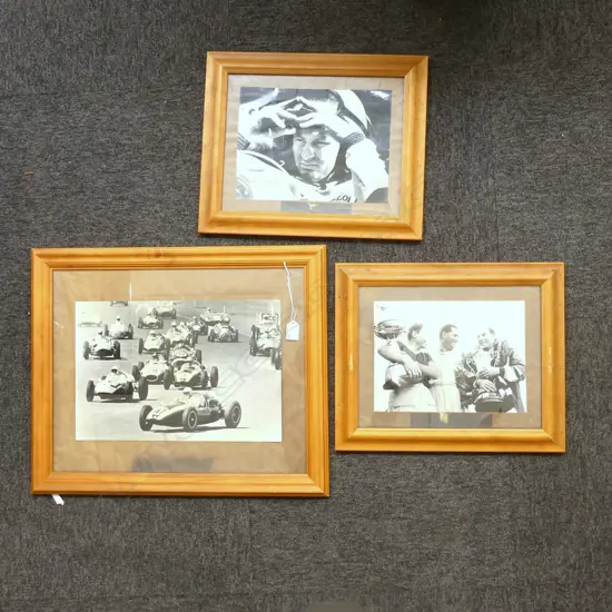 3 FRAMED B/W PHOTOS; BRUCE McLAREN ETC...