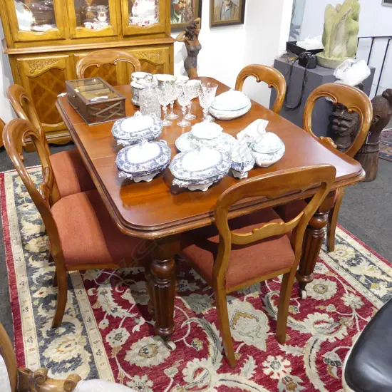 VICTORIAN MAHOGANY EXTENSION DINING TABLE, 1 LEAF NO CRANK 1450x1020x710mm + 6 BALLOON BACK DINING CHAIRS
