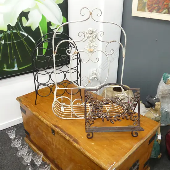 3 METAL RACKS; WINE STORAGE, BOOK HOLDER, WHITE WALL SHELF H.685mm