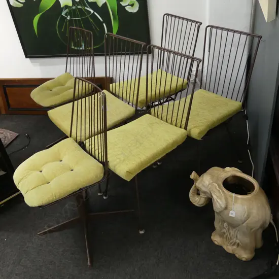 6 RETRO METAL DINING CHAIRS w. GREEN CUSHIONS (4+2)